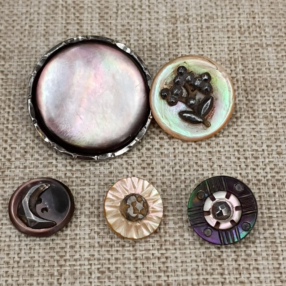 Antique MOP Cut Steel Button Lot Victorian Iridescent 27-12mm Floral Crescent